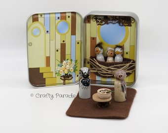 Sparrows Tin Box Playset: Handmade Miniature Peg Doll Quiet Toy