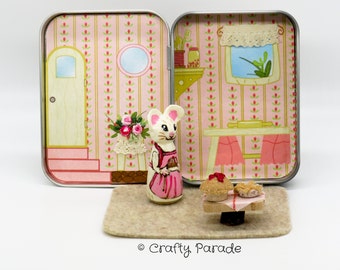 Sweet Kitchen, Mouse Playset, miniature doll, peg doll, toy, handmade, quiet toy, Tin box playset