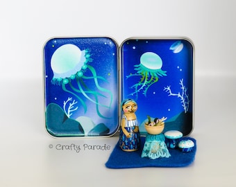 Mermaid & Jellyfish Miniature Playset: Handmade in Tin Box