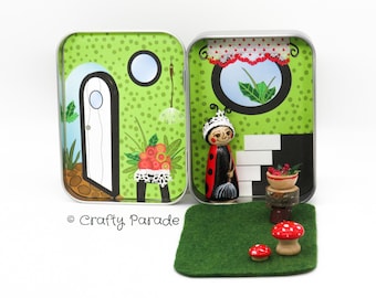 Ladybug Tin Box Playset: Miniature Peg Doll, Handmade Quiet Toy
