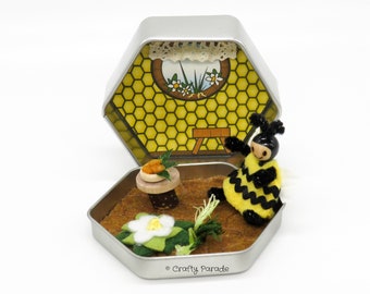 Little Bee Tin Box Playset: Miniature Felt Doll, Handmade Quiet Toy