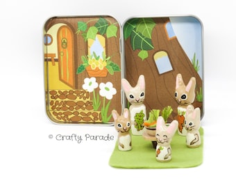 Rabbit Peg Doll Playset: Miniature Tin Box Toy Handmade