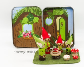 Gnomes Tin Box Playset: Handmade Miniature Peg Dolls, Forest Friends