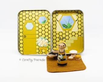 Bee Playset: Miniature Peg Doll in Altoid Tin Beehive