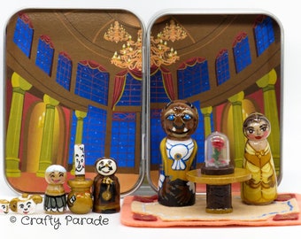 Beauty and the Beast Peg Doll Set: Handmade Miniature Playset