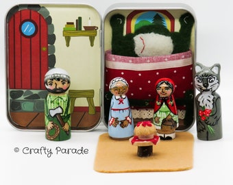 Little Red Riding Hood Peg Doll Set: Handmade Folk Tale Playset
