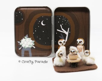 Owl Peg Doll set: Miniature Tin Box Handmade Wooden Quiet Toy