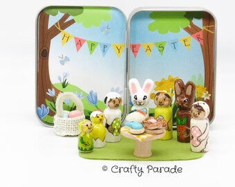 Easter Peg Doll Playset: Miniature Easter Party in Tin Personalized