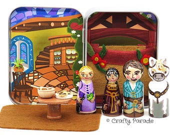 Rapunzel, Fairy Tale, Peg doll set, handmade, tin box, miniature doll, quiet toy, collectible