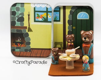 Goldilocks and the Three Bears Peg Doll Set:Fairy Tale Miniature Handmade Wooden Quiet Toys