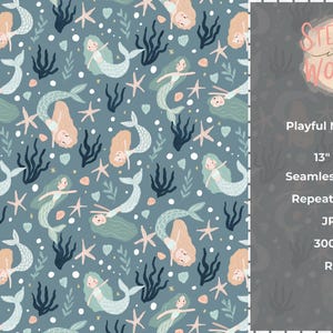 Speelse zeemeerminnen – digitale download, bestand naadloos herhalen, zeemeerminprint voor meisjes, schattig zeedierenontwerp, prints voor de zomer, kinderontwerp