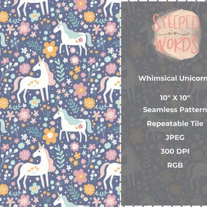 Whimsical Unicorns Seamless Pattern, Floral Unicorn Print, Pastel girl&#39;s print, cottagecore unicorn florals, digital download