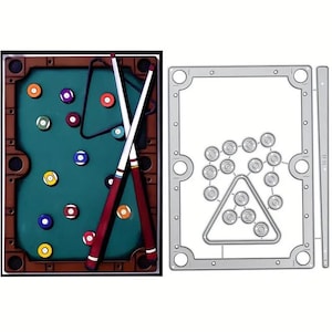 May include: A metal die-cut template for crafting a pool table with cues and balls. The template is silver and features a rectangular frame with a triangle rack and a pool table with cues and balls.