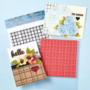 May include: A set of three rubber stamps featuring plaid patterns. The stamps are red, black and white. The stamps are labeled "Perfectly Plaid" and "Hey Friend!"