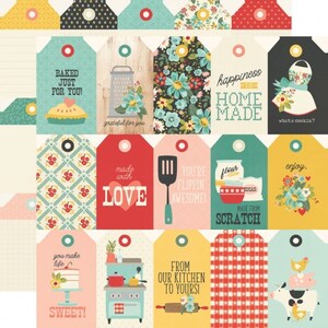 May include: A collection of colorful gift tags with kitchen-themed designs. Tags feature phrases like "Baked Just For You!", "Made with Love", and "From Our Kitchen to Yours!" with illustrations of food, kitchen tools, and floral patterns. The tags are in various colors.