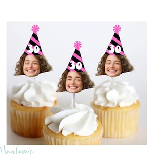 Birthday Party Decorations, Birthday Face Cupcakes,  Custom Birthday Photo Face Toppers,  Personalized Birthday Toppers, Any Age, 12 Toppers