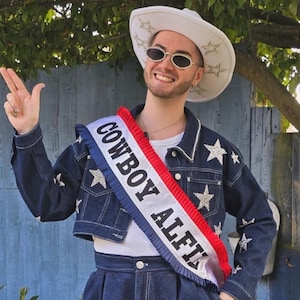 Cowboy Sash, Cowboy Bey Sash, Red White and Blue Sash, Bride Sash, Birthday Sash, Halloween Costume, Cowboy Concert Sash, Rodeo Sash