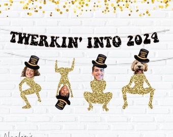New Years Eve Decorations, Twerking Into 2024 Funny New Years Eve Face Banner, NYE Party Decorations, , New Years Eve Balloons, NYE Party