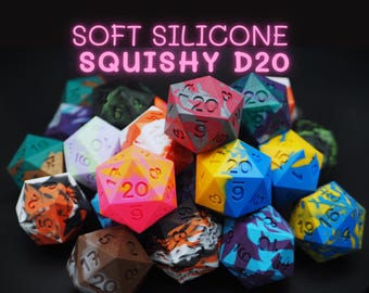 Large D20 Squishy Ball - Soft Silicone with Swirl Colors - Handmade Dice, D&D and Tabletop Games