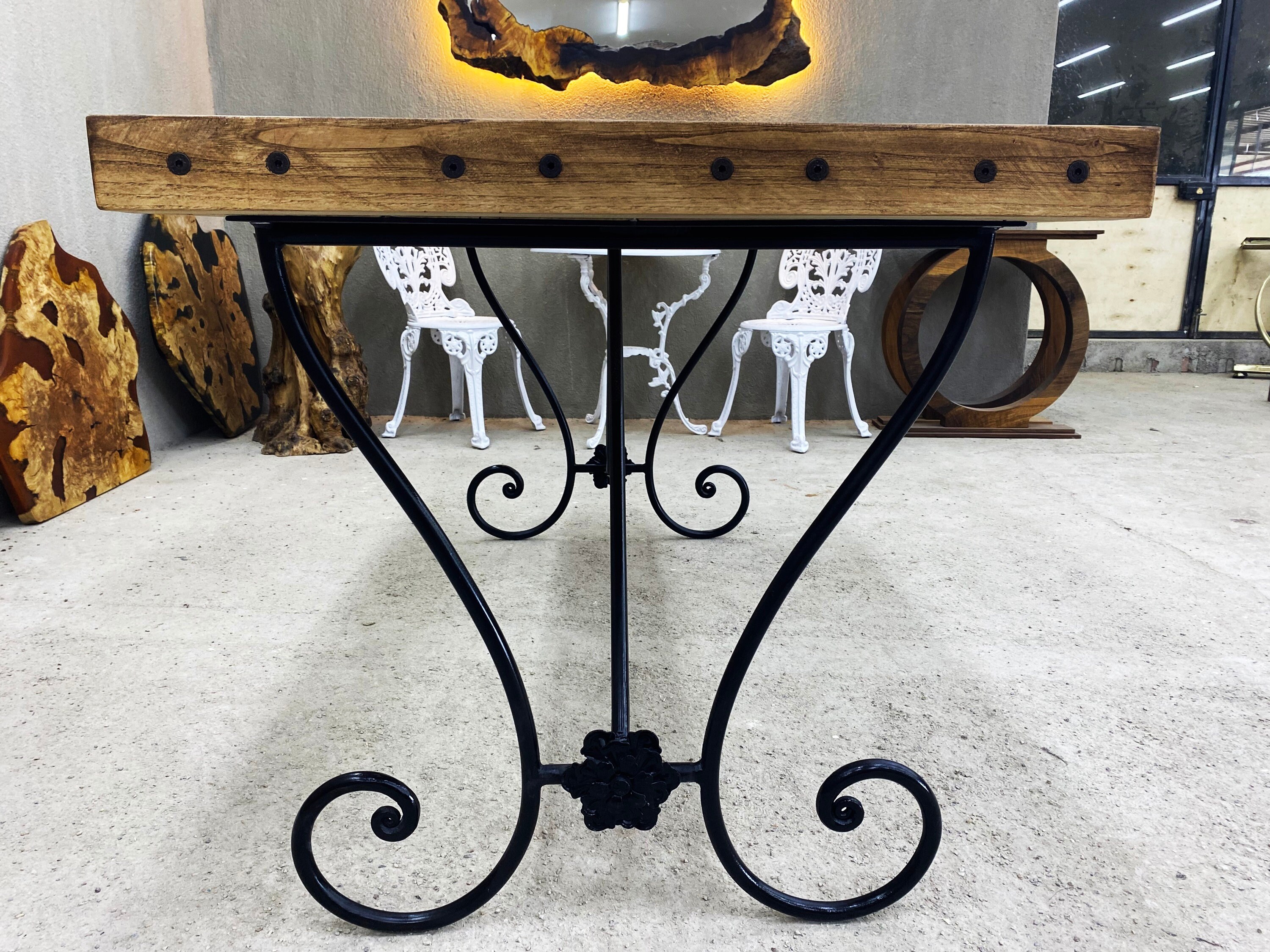 Farmhouse Dining Table Rustic Table Wrought Iron Table Base Etsy