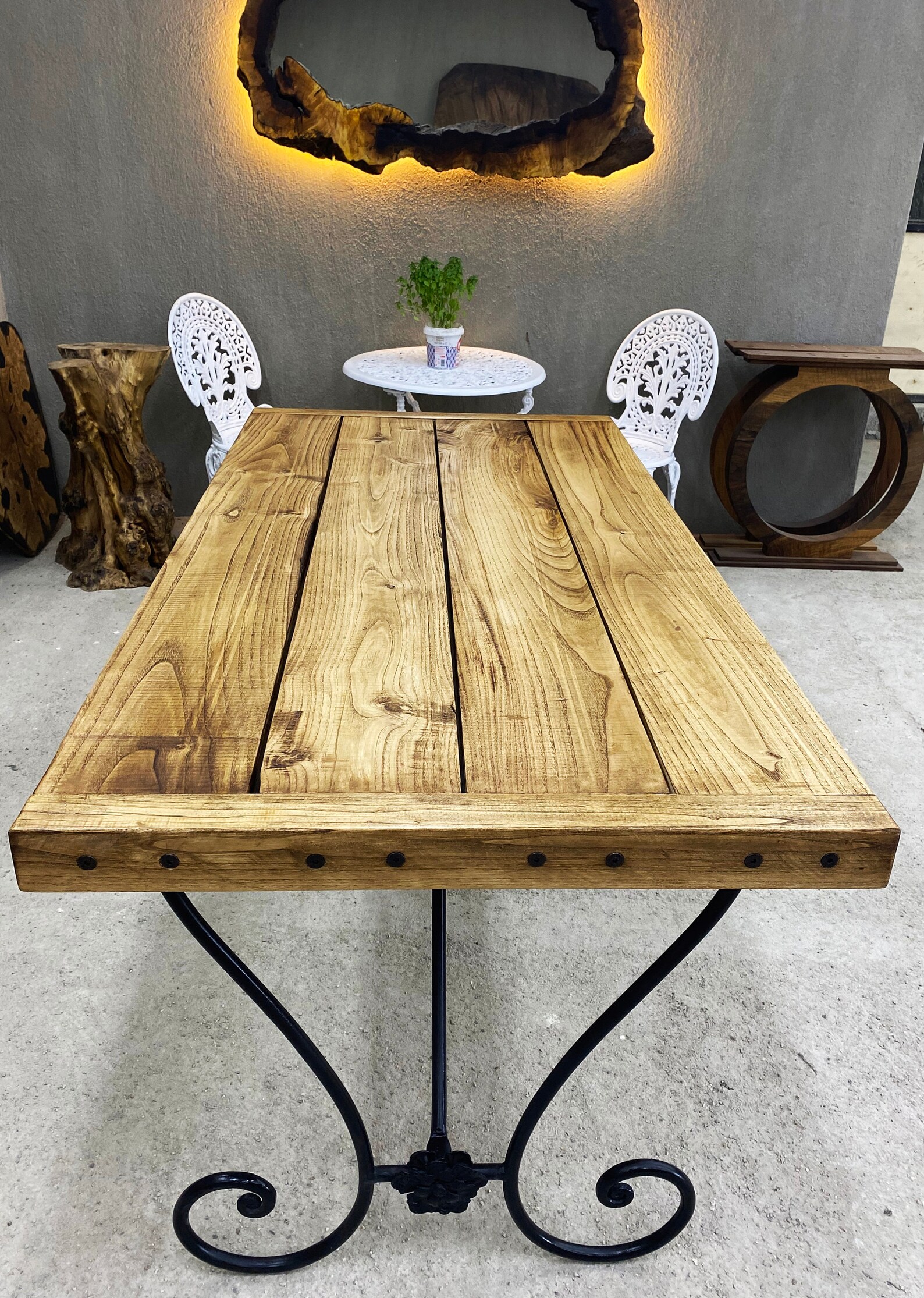 Farmhouse Dining Table Rustic Table Wrought Iron Table Base Etsy