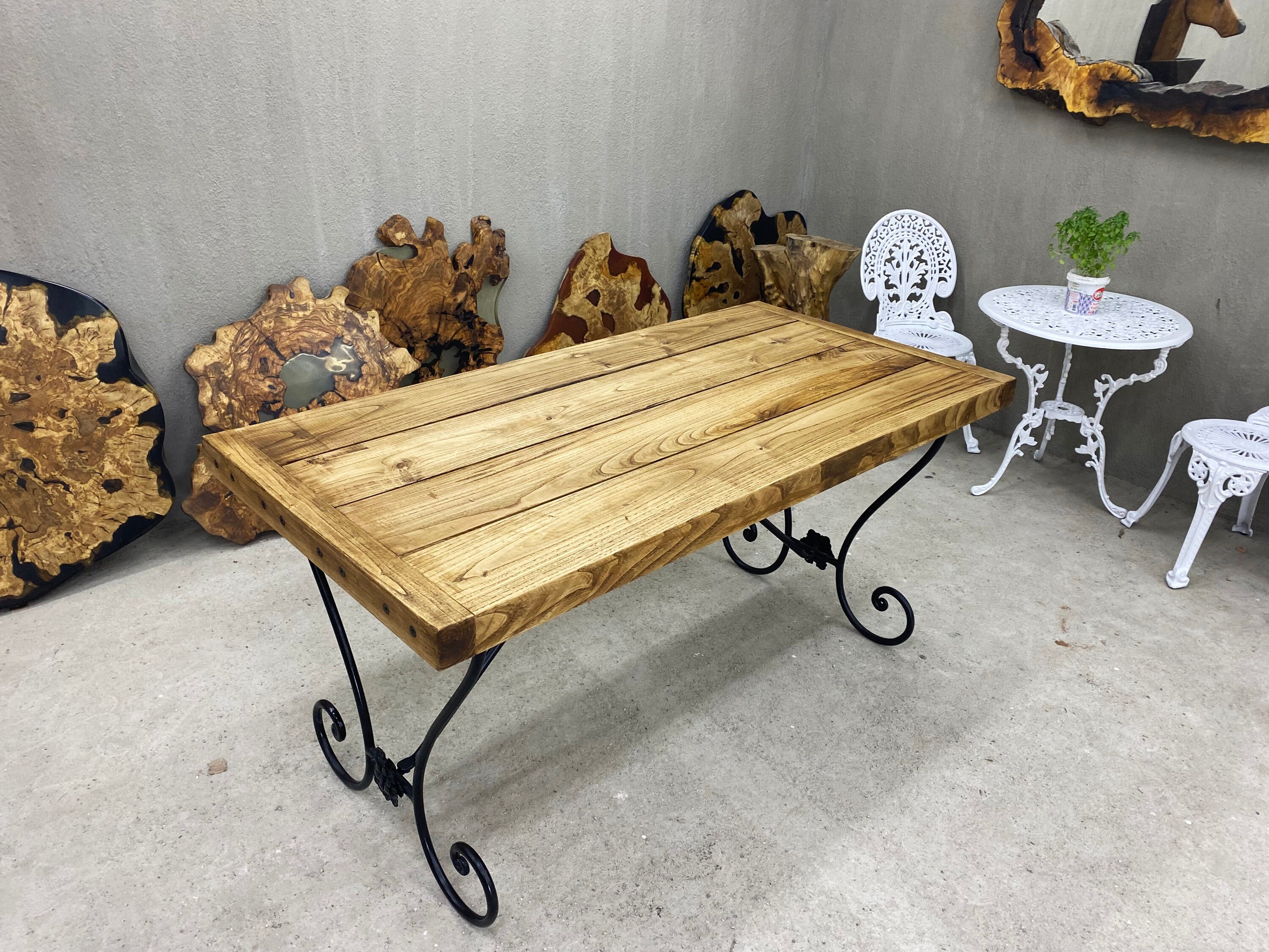 Farmhouse Dining Table Rustic Table Wrought Iron Table Base Etsy