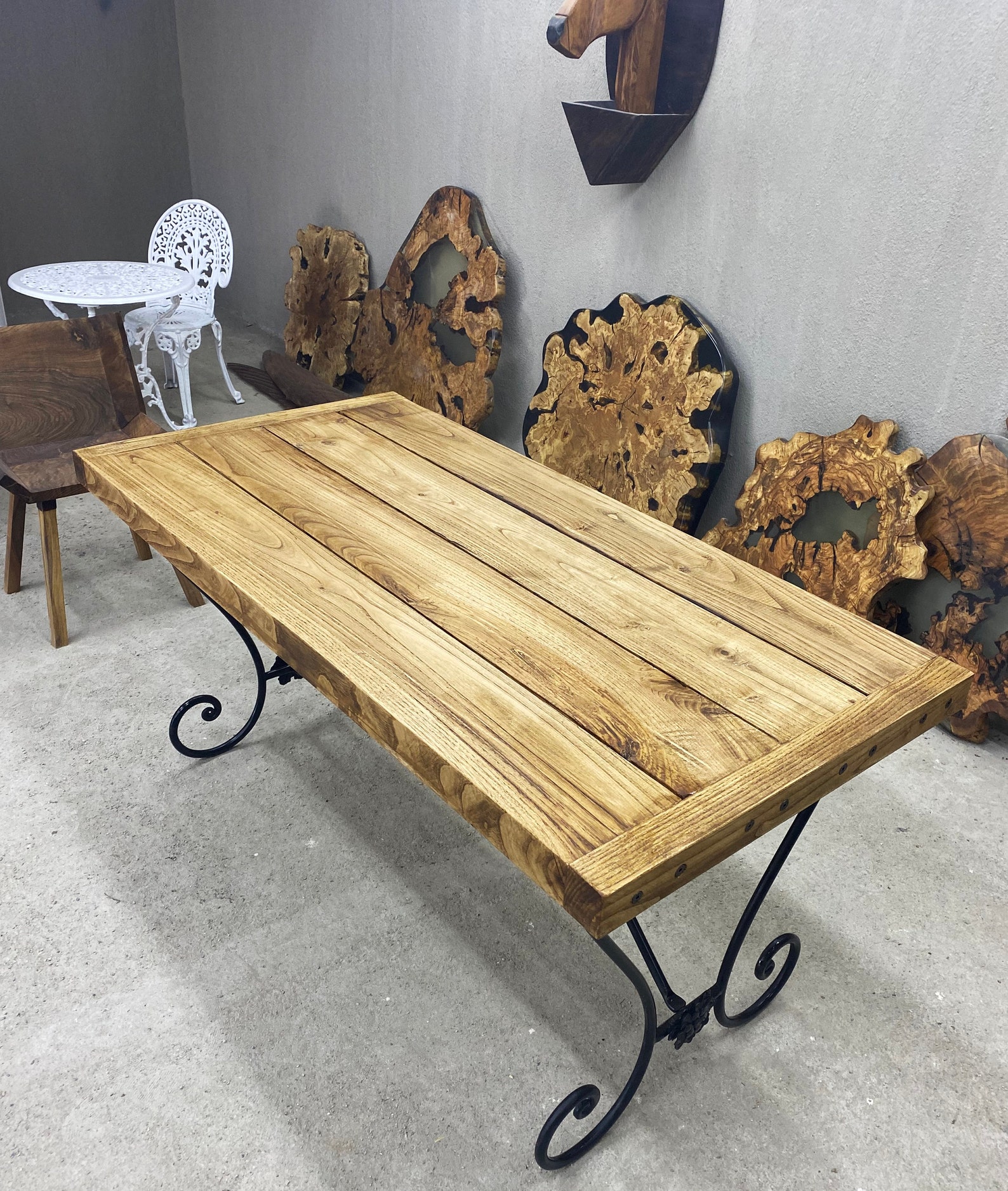 Farmhouse Dining Table Rustic Table Wrought Iron Table Base Etsy