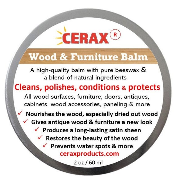 CERAX Wood & Furniture Beeswax Balm and Polish cleans, polishes, restores and protects all wood surfaces, antiques, rubber seals, and more