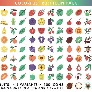May include: A set of 100 colourful fruit icons, featuring 25 different fruits in 4 variations. Each icon is available in PNG and SVG file formats. The icons include fruits such as apples, bananas, pears, oranges, lemons, pineapples, strawberries, blueberries, grapes, cherries, watermelons, kiwis, papayas, pomegranates, mangoes, coconuts, and more.