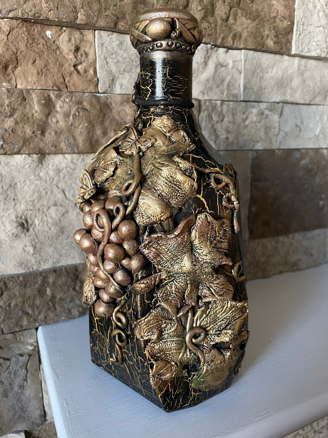 Decorated Wine Bottle Barrel Grape Leaves Crafted Etsy