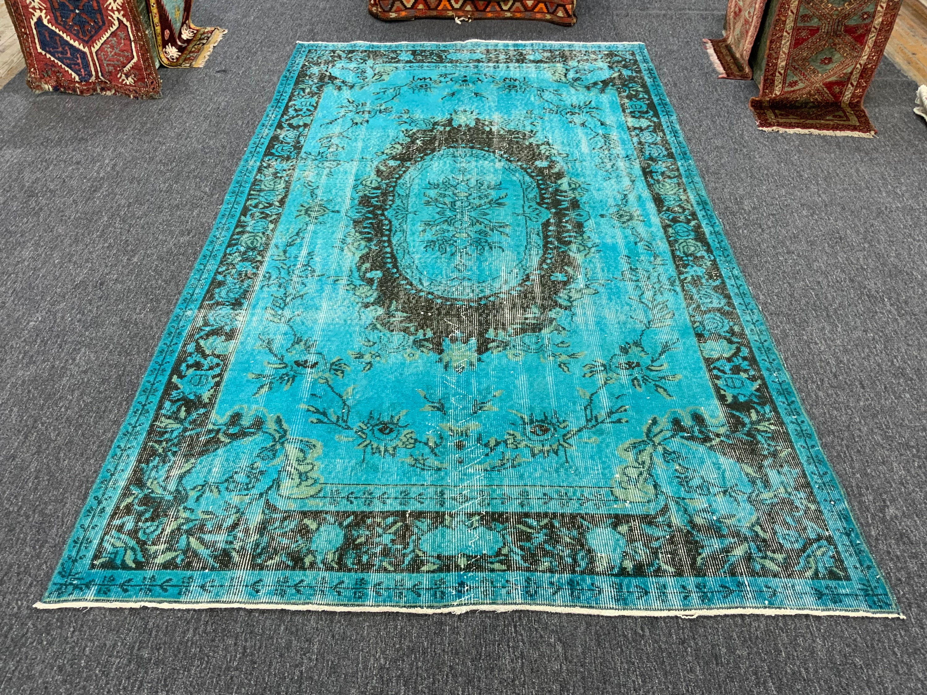 vintage rug Turkish rug floor rug over dyed rug 5.5 X 9.2 ft. area rug oversized rug living room rug bohemian rug blue rug