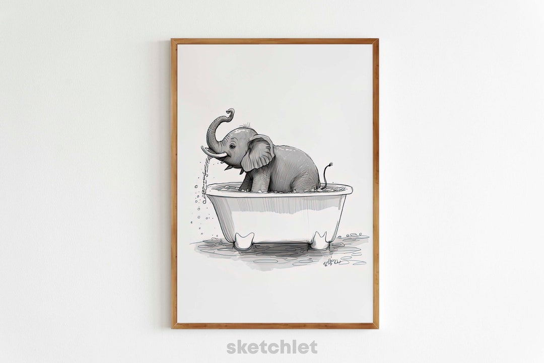 Baby Elephant in a Bathtub / Printable Wall Art / Black and White