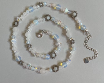 Opal Necklace | Grey Flower Necklace | Dainty Seed Bead Jewelry | White Opalite and Jade Gemstone Necklace
