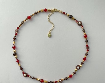 Greta Necklace | Delicate Autumn Beaded Flower Necklace | Seed Bead Daisy Necklace | Brown and Red Fall Gemstone Jewelry