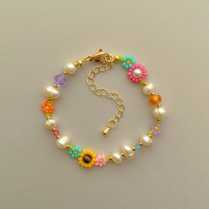 Posie Bracelet | Flower Beaded Bracelet | Freshwater Pearl Bracelet | Colorful Adjustable Summer Bracelet | Gold Filled Jewelry