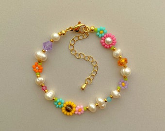 Posie Bracelet | Flower Beaded Bracelet | Freshwater Pearl Bracelet | Colorful Adjustable Summer Bracelet | Gold Filled Jewelry