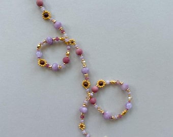 Maribel Necklace | Dainty Sunflower Flower Necklace | Handmade Seed Bead Gemstone Jewelry | Purple and Pink Beaded Necklace | Gold Filled