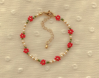 Eleanor-armband | Delicate poinsettia bloemarmband | Sierlijke zaadkralenarmband | Handgemaakte kralenarmband | Goud gevulde sieraden