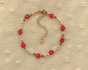 Eleanor Bracelet | Delicate Poinsettia Flower Bracelet | Dainty Seed Bead bracelet | Handmade Beaded Bracelet | Gold Filled Jewelry