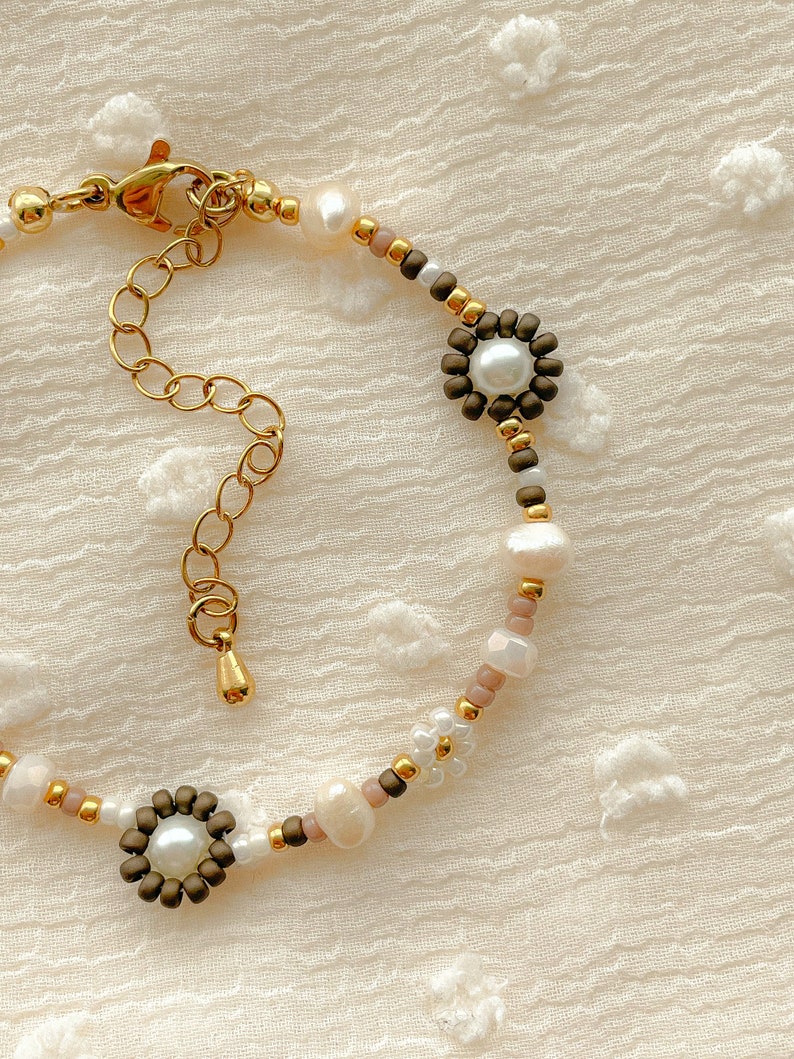 Bronwyn Bracelet Flower Beaded Bracelet Freshwater Pearl Bracelet Neutral Adjustable Bracelet Gold Filled Jewelry image 2