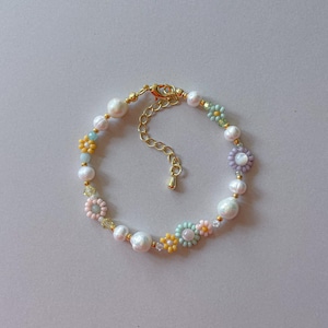 Penelope Bracelet | Flower Beaded Bracelet | Freshwater Pearl Bracelet | Pastel Adjustable Spring Bracelet | Gold Filled Jewelry