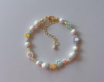 Penelope Bracelet | Flower Beaded Bracelet | Freshwater Pearl Bracelet | Pastel Adjustable Spring Bracelet | Gold Filled Jewelry