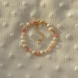 Juliet Bracelet | Pink Flower Beaded Bracelet | Freshwater Pearl Bracelet | Gold Filled Jewelry | Dainty Handmade Bracelet