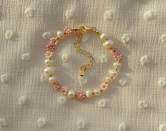 Juliet Bracelet | Pink Flower Beaded Bracelet | Freshwater Pearl Bracelet | Gold Filled Jewelry | Dainty Handmade Bracelet