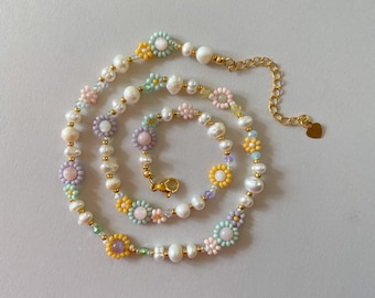 Penelope Necklace | Delicate Pastel Flower Necklace | Dainty Seed Bead Choker | Pearl Necklace