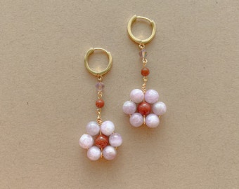 Isabell Earrings | Purple Flower Earrings | Gold Filled Huggies | Kunzite and Sandstone Earrings