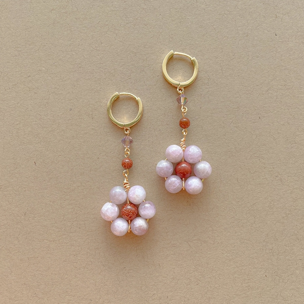 Isabell Earrings | Purple Flower Earrings | Gold Filled Huggies | Kunzite and Sandstone Earrings