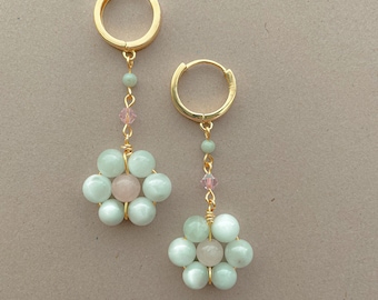 Isla Earrings | Teal Flower Earrings | Gold Filled Huggies | Wire Wrapped Crystal Earrings