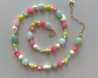 Marla Necklace | Colorful Tropical Flower Necklace | Gemstone Necklace | Gold Filled | Beaded Summer Jewelry | Coconut Girl Beach Jewelry