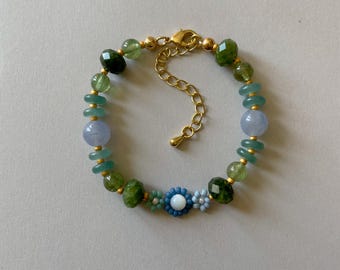 Nerissa Bracelet | Green and Blue Summer Flower Bracelet | Colorful Handmade Gemstone Jewelry | Mermaid Flower Bracelet | Gold Filled